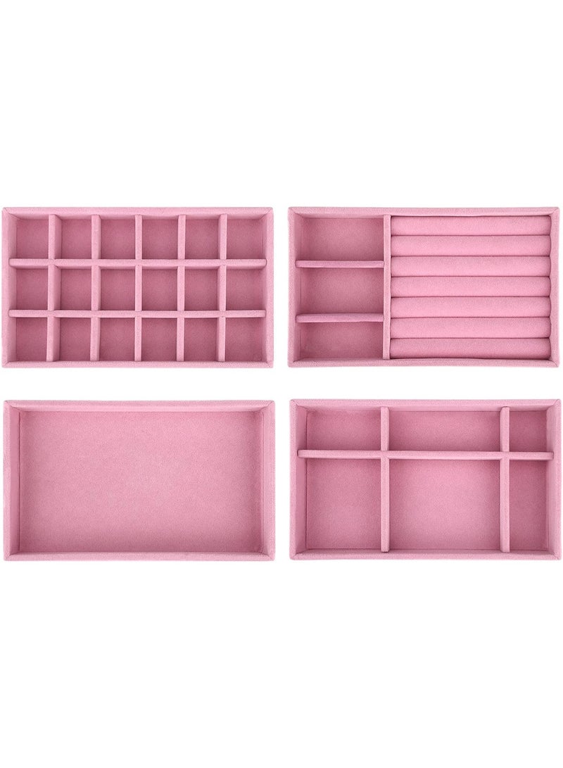 المجوهرات علون منظم مجموعة من 4 مخملية قابلة للتراكم المجوهرات درج منظم علون أقراط حلقة قلادة سوار عرض عرض علون تخزين المجوهرات ، 4 أسلوب (وردي) - Image 1